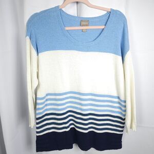 Chicos 1 Womens 8 Blue White Shady Stripes Sweater Drop Shoulder 3/4 Sleeve
